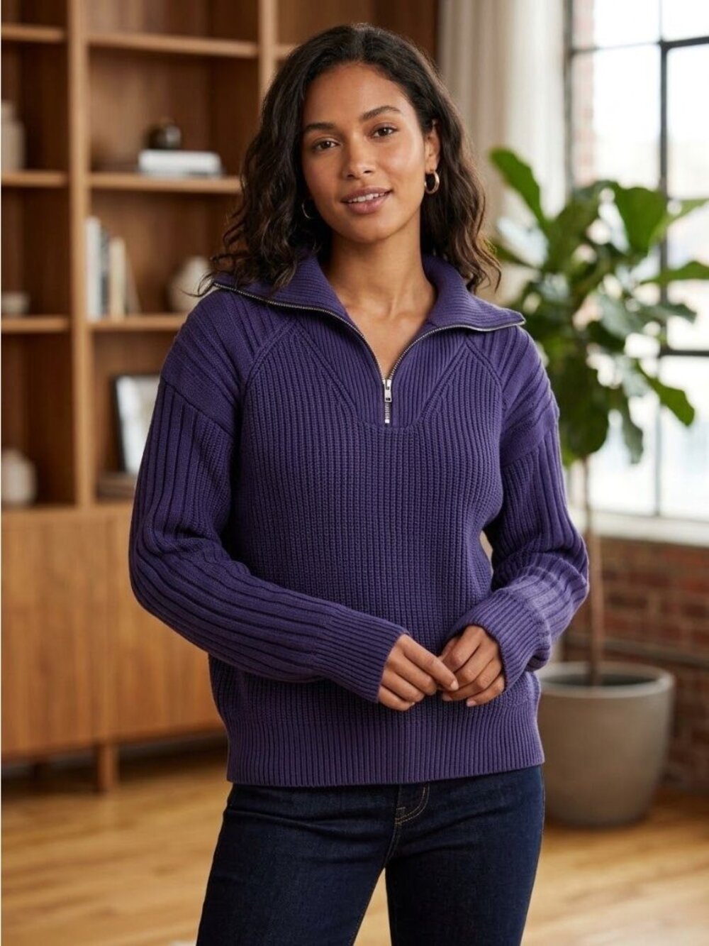 525 American Heavy Duty Sustainable Zip Spread Collar Ribbed Sweater Size L - Picture 4 of 6